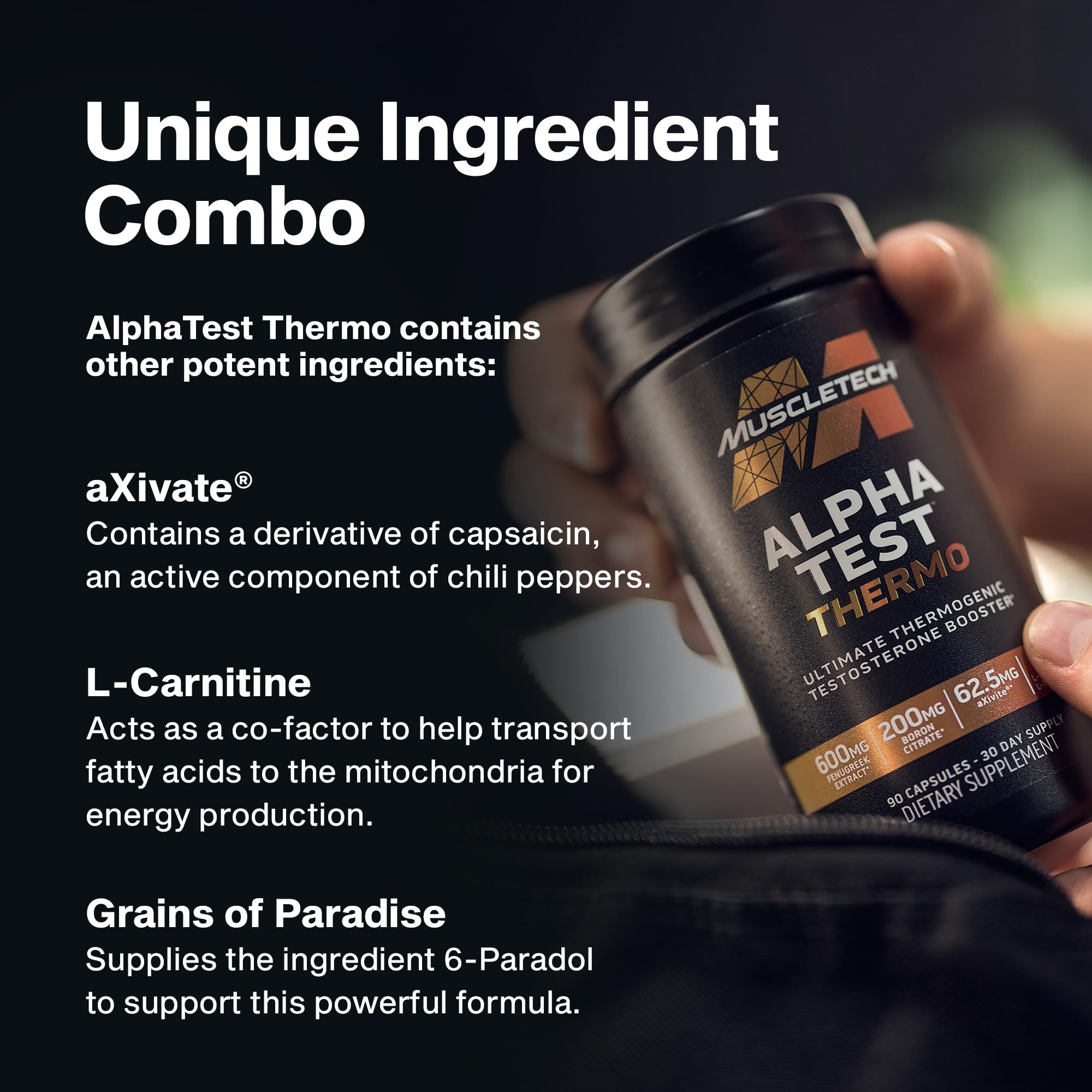 MuscleTech ingredientes clave AlphaTest Thermo destacando beneficios energéticos