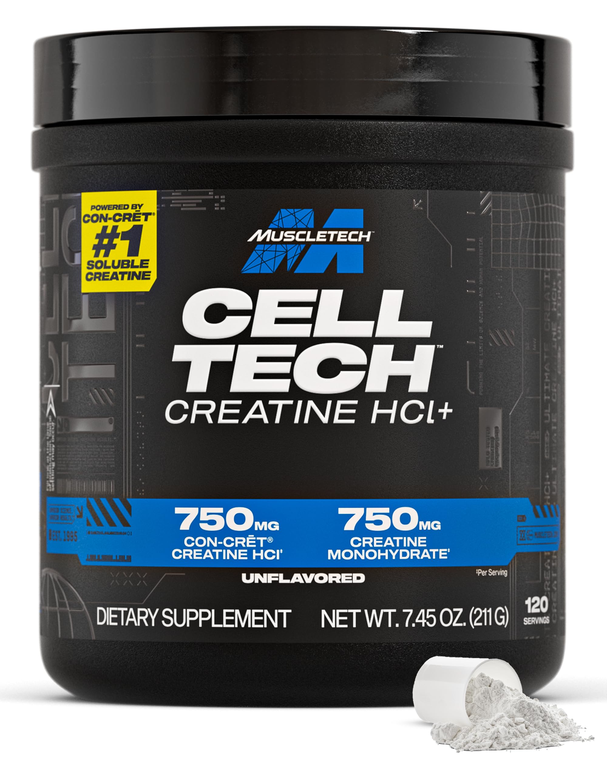 MuscleTech envase frontal mostrando nombre y tamaño, claridad de etiqueta
