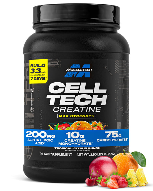 MuscleTech envase frontal Cell-Tech mostrando etiqueta y beneficio de fuerza