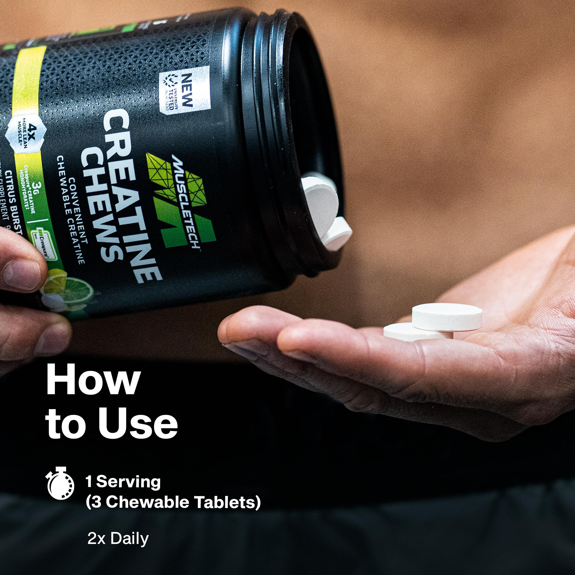 MuscleTech etiqueta nutricional enfocada en 3 g Creapure por porción y detalles