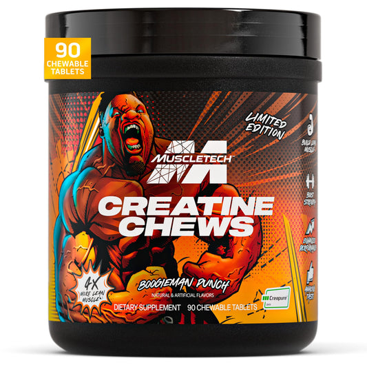 MuscleTech bote frontal con Creatine Chews Boogieman Punch muestra presentación conveniente