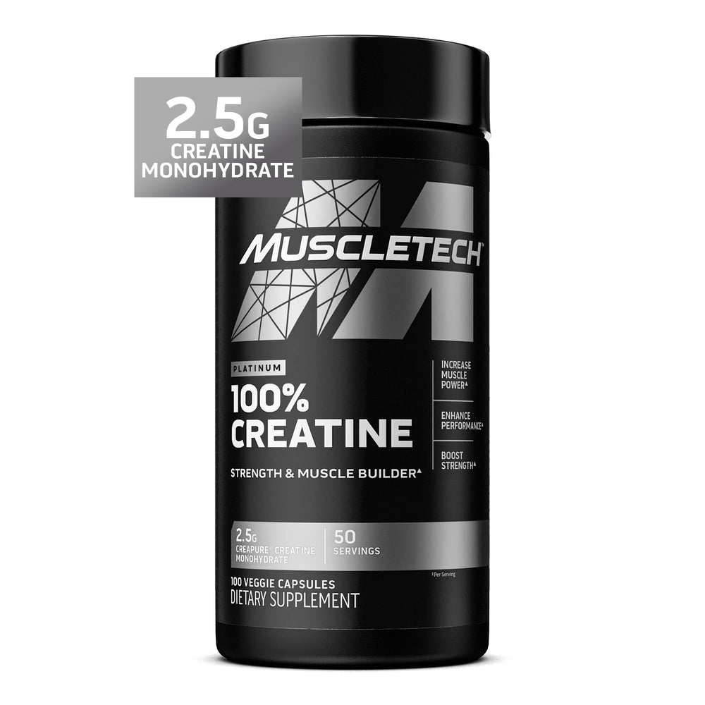 MuscleTech frasco frontal con cápsulas Creapure para conveniencia diaria