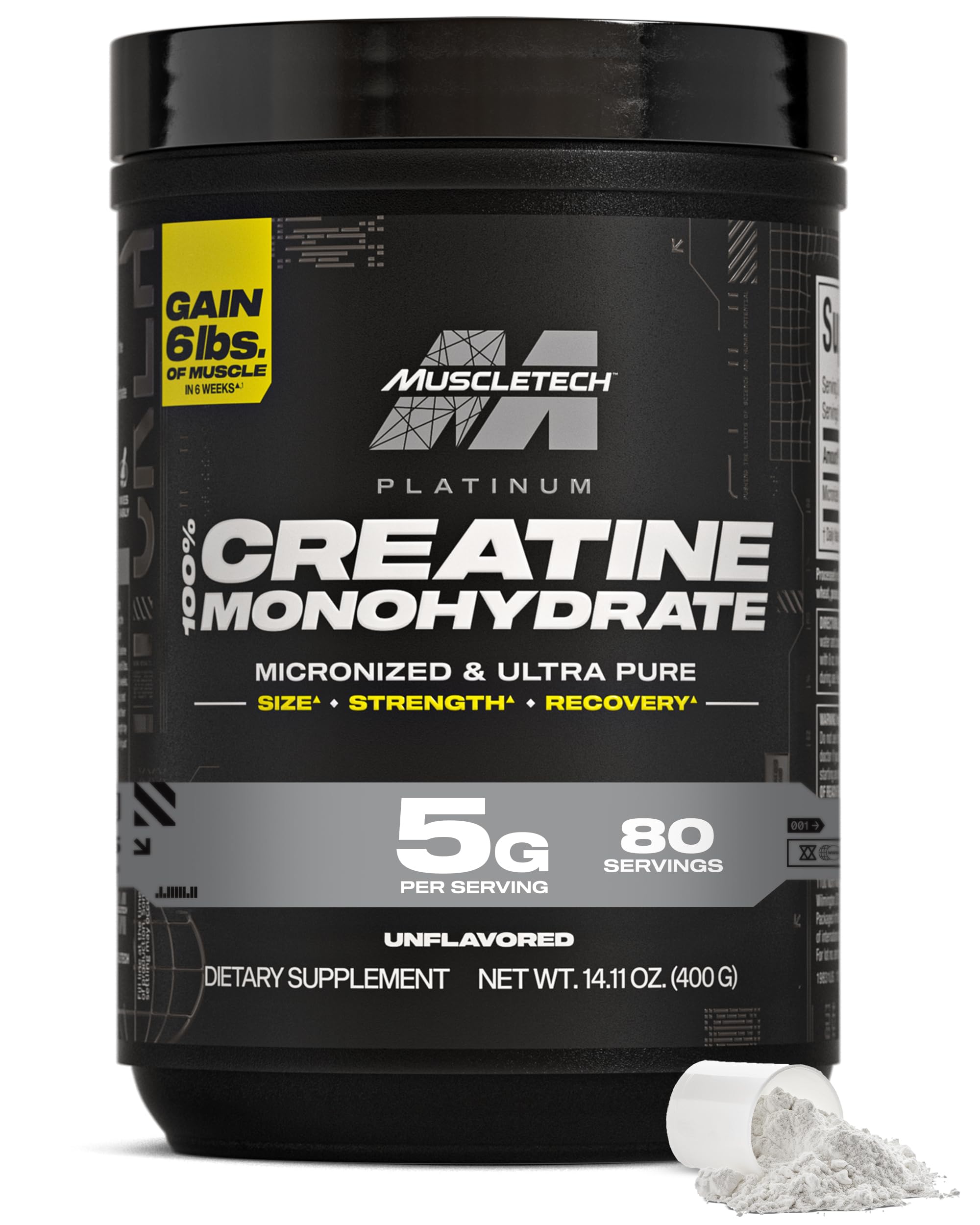 MuscleTech pote frontal mostrando el envase y 80 servicios, confianza visual