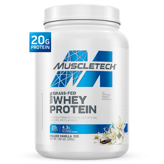 MuscleTech bote frontal Deluxe Vanilla mostrando diseño y tamaño útil