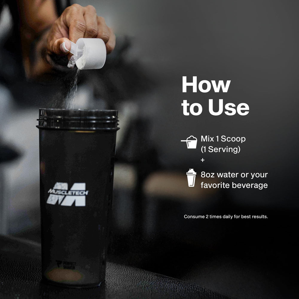 MuscleTech envase junto a mano para comparar escala y cantidad del producto
