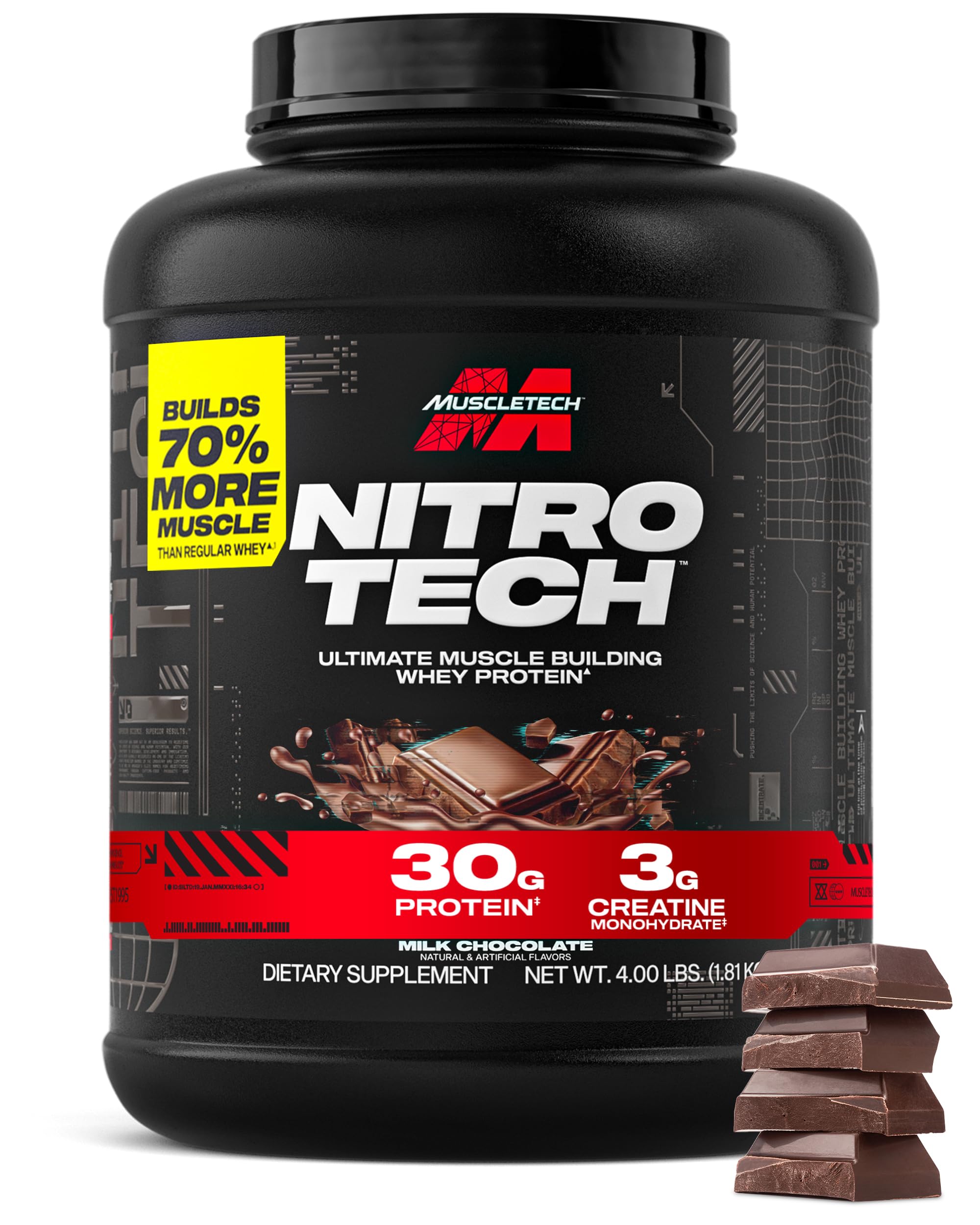 MuscleTech Nitro-Tech frente del envase mostrando tamaño 4 lb y sabor chocolate