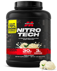 Frontal del envase MuscleTech Nitro‑Tech 4LB mostrando la marca y sabor Vainilla Cream, ideal para identificar producto