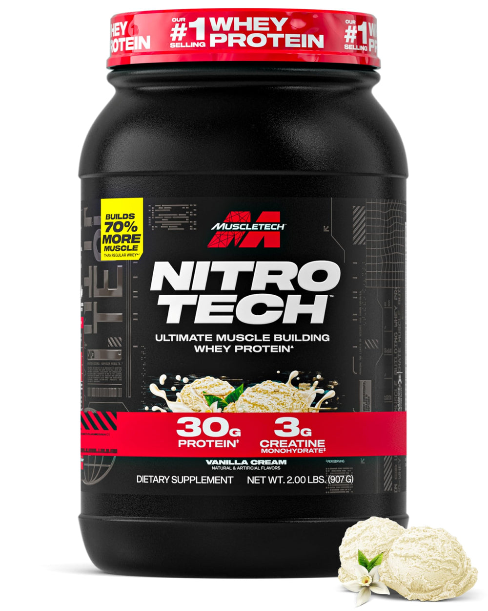 MuscleTech envase frontal Nitro‑Tech mostrando la marca y beneficios