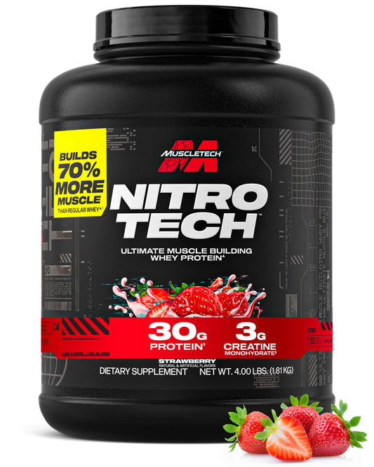 MuscleTech Nitro-Tech vista frontal del envase y beneficio de claridad de fórmula