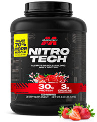 MuscleTech Nitro-Tech vista frontal del envase y beneficio de claridad de fórmula
