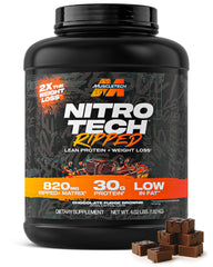 MuscleTech envase Nitro-Tech Ripped frente mostrando sabor y tamaño, conveniencia