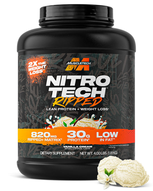 MuscleTech envase frontal Nitro-Tech Ripped mostrando el tamaño y sabor Vainilla Cream