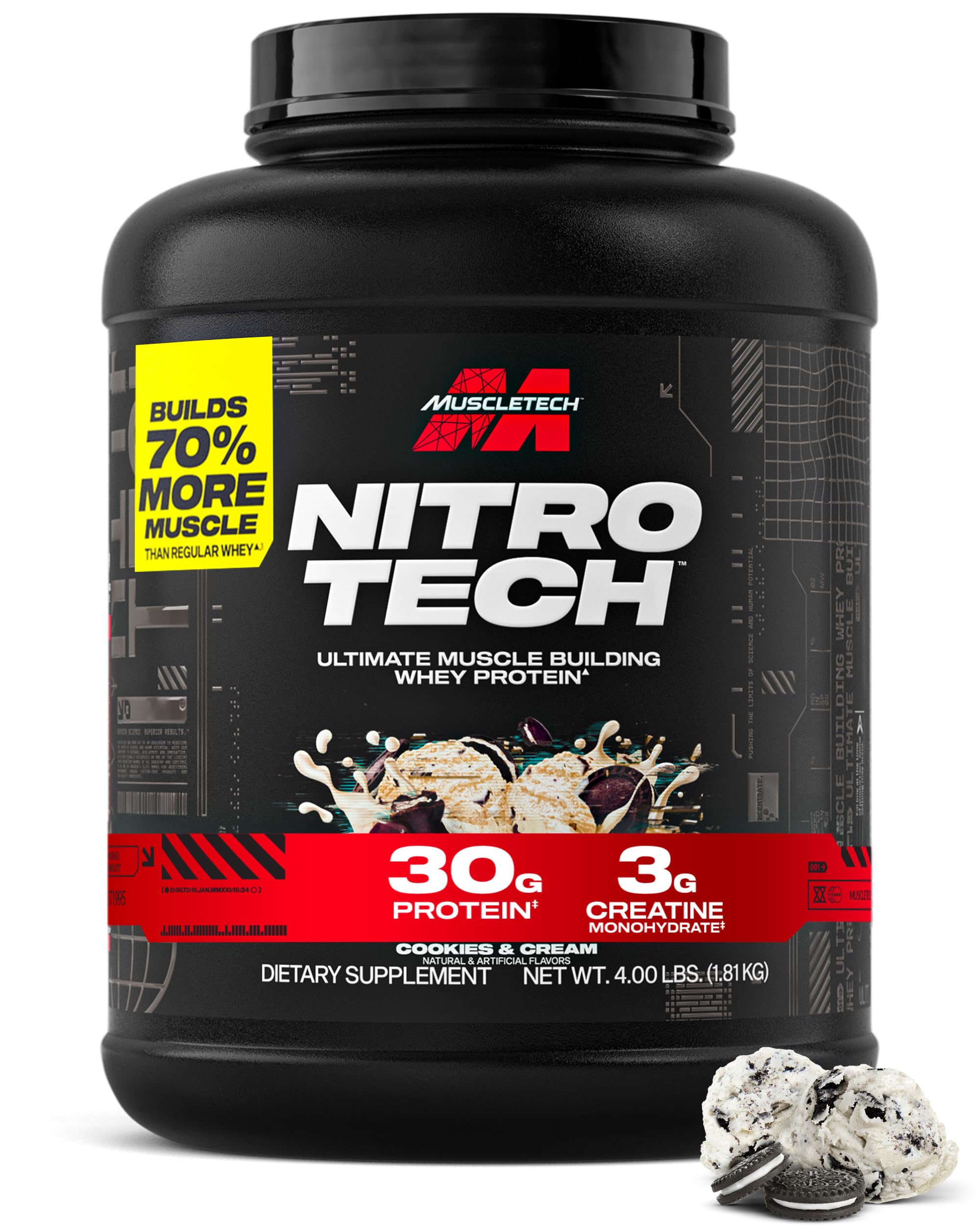 Muscletech bote frontal Nitro-Tech Cookies & Cream mostrando marca y beneficio proteína