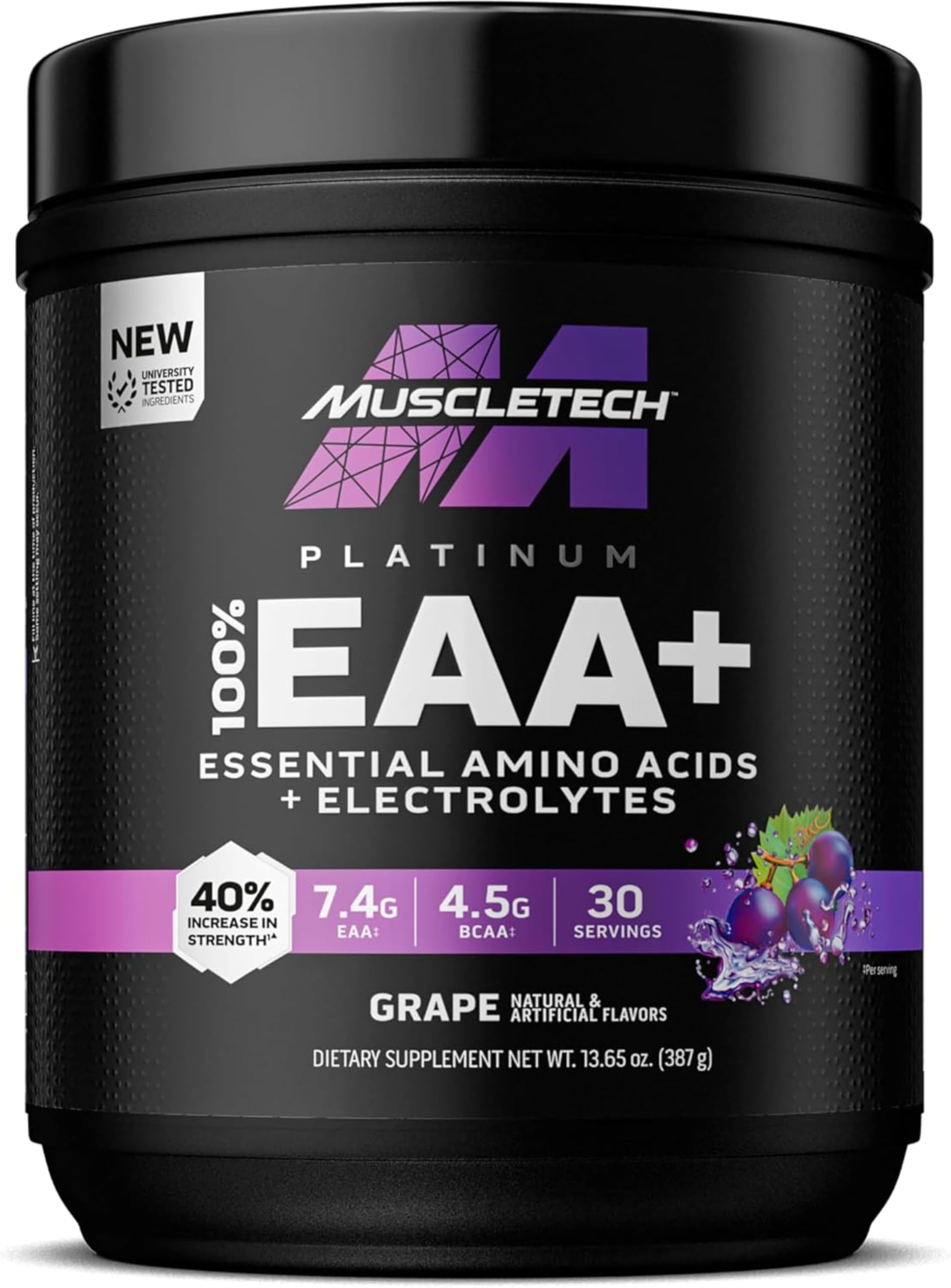 MuscleTech envase frontal que muestra fórmula y sabor uva, fácil identificación