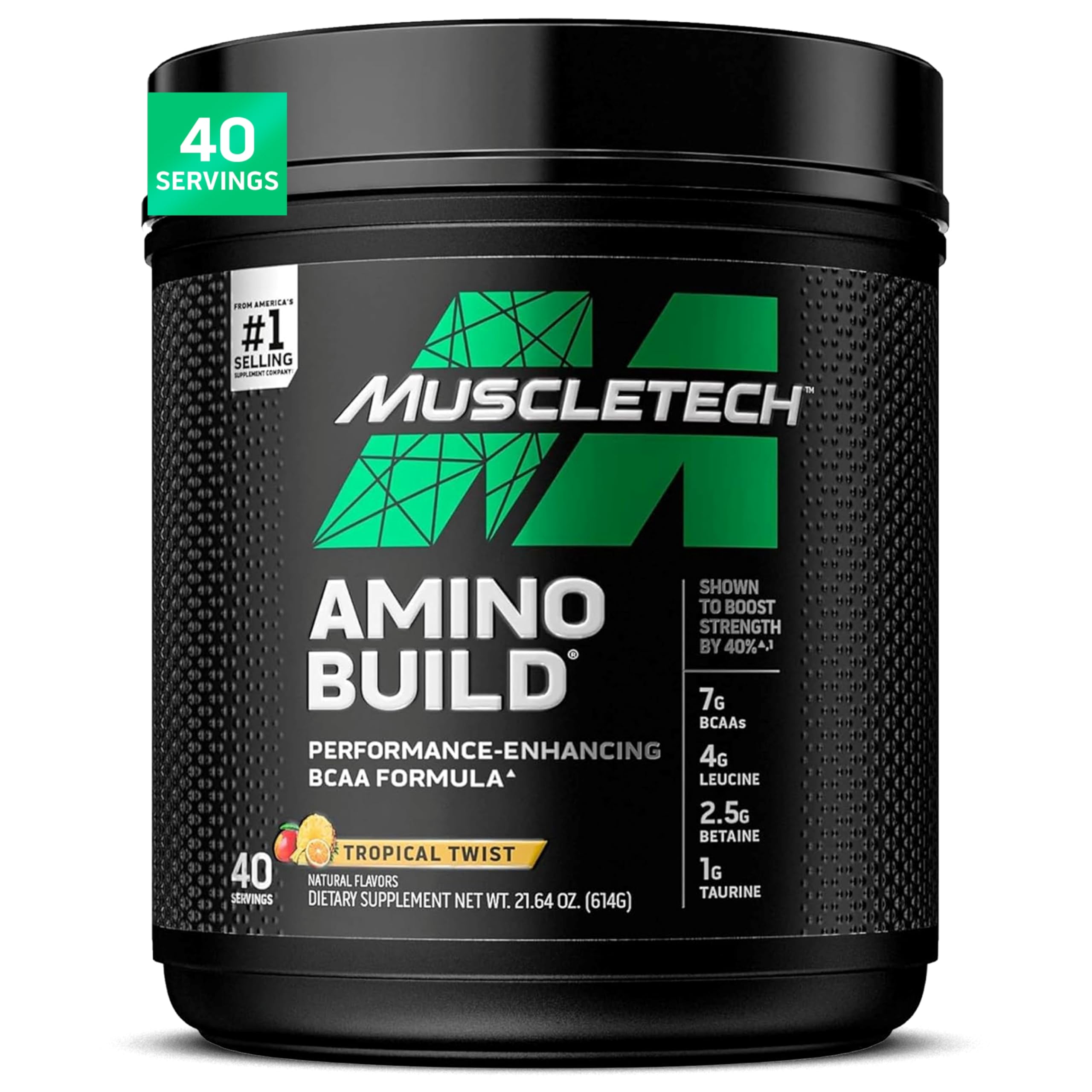 MuscleTech bote frontal con sabor Tropical Twist, fácil identificación y beneficio de recuperación