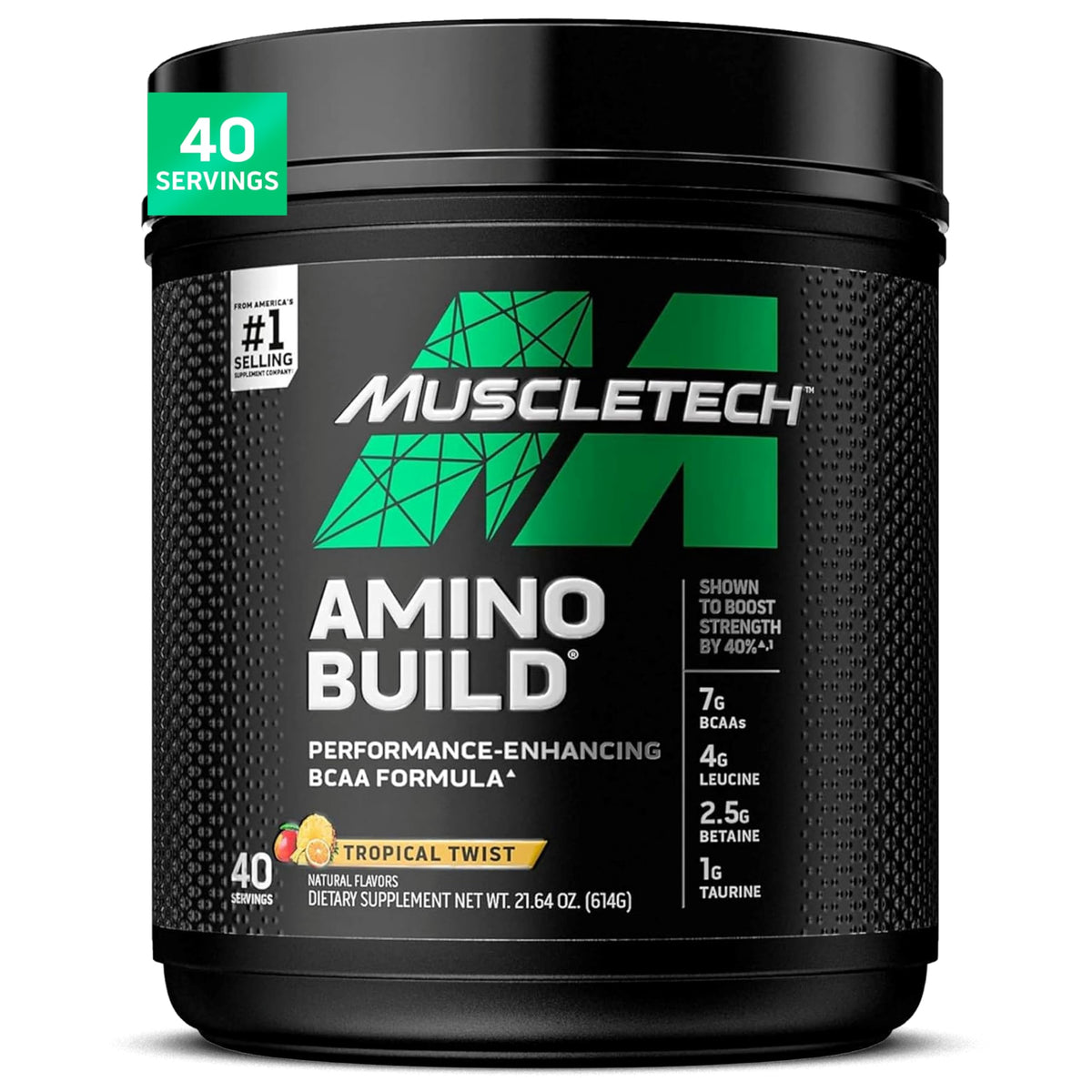 MuscleTech bote frontal con sabor Tropical Twist, fácil identificación y beneficio de recuperación