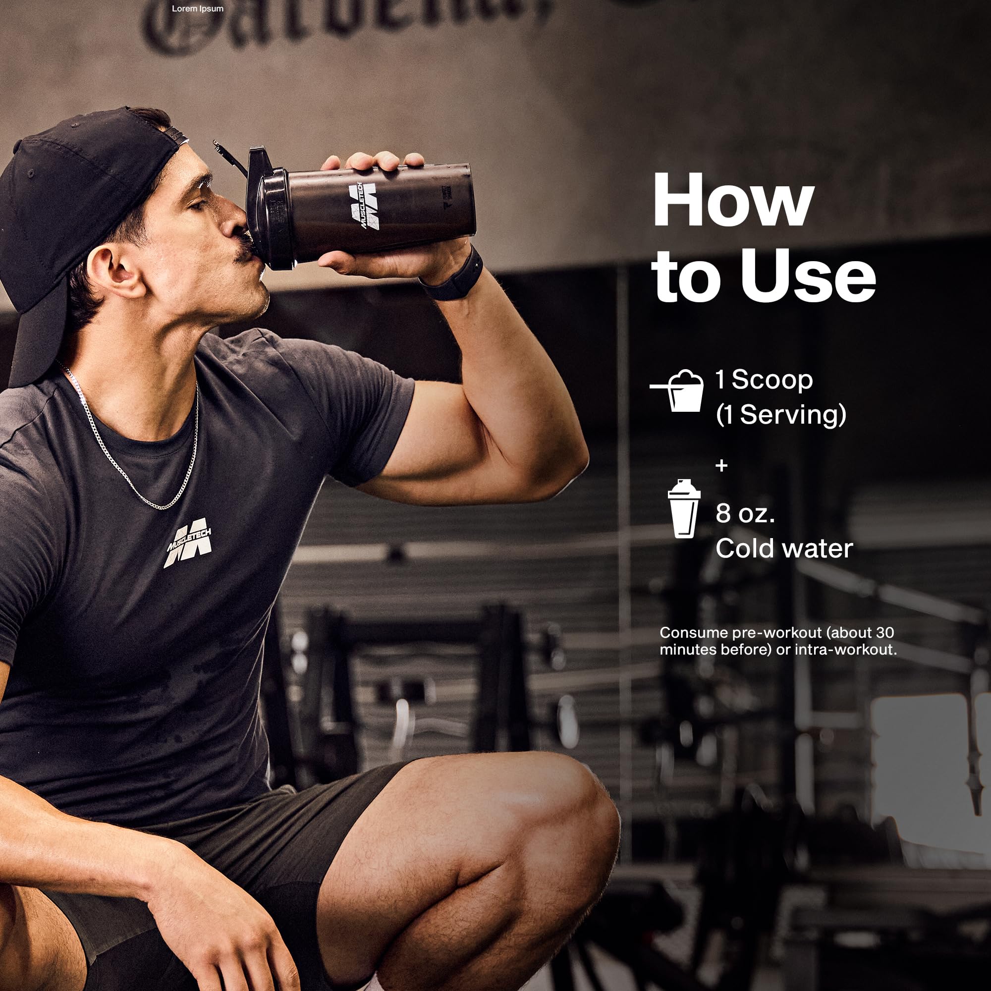 MuscleTech envase comparado con mano para escala, porciones prácticas y portabilidad