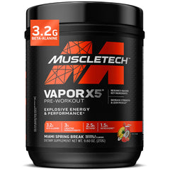 MuscleTech Vapor X5 vista frontal con envase y sabor Miami Spring Break beneficiando preparación