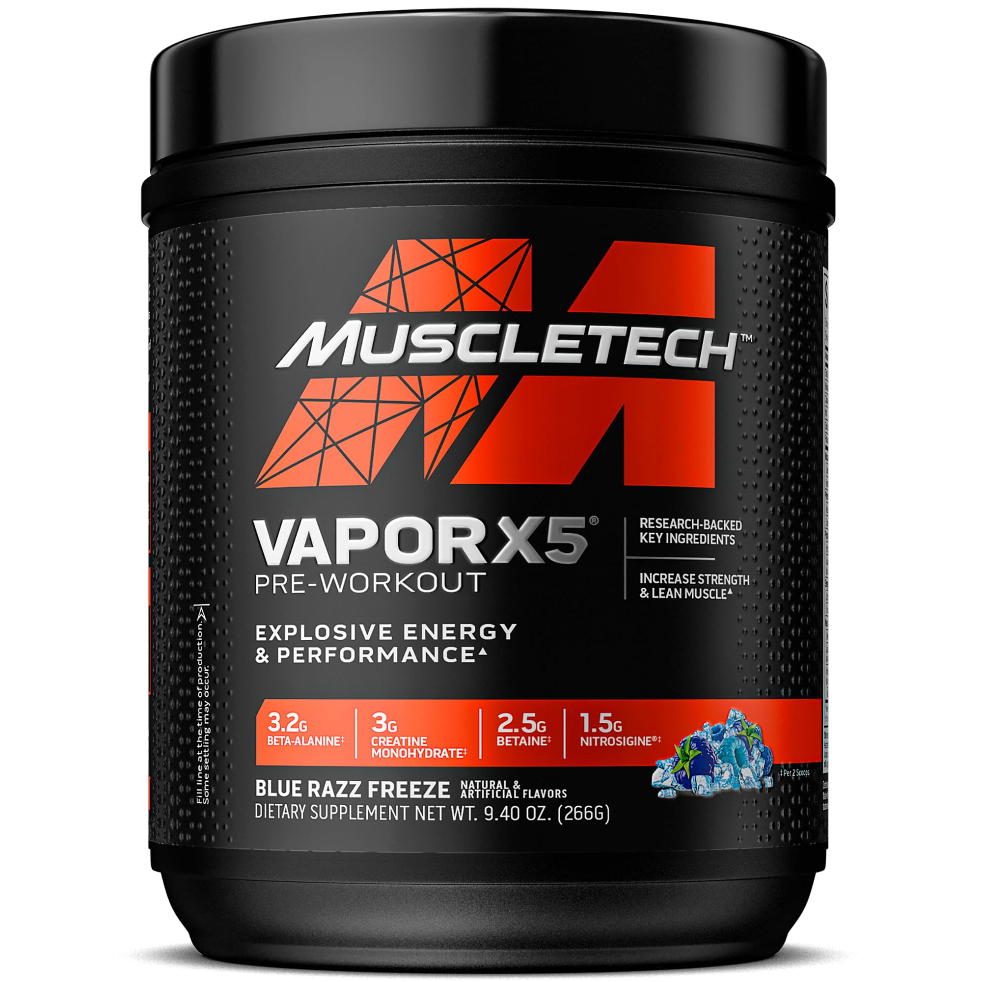 MuscleTech Vapor X5 frontal del envase mostrando sabor Blue Razz Freeze y beneficios