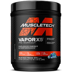 MuscleTech Vapor X5 frontal del envase mostrando sabor Blue Razz Freeze y beneficios