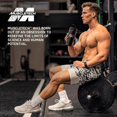 MuscleTech etiqueta en primer plano con lista de aminoácidos y beneficios