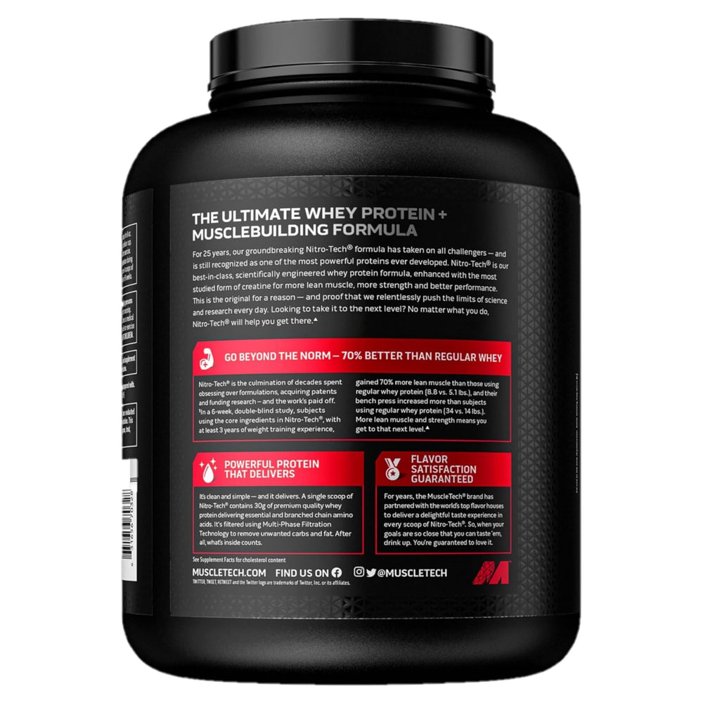 MuscleTech cazo lleno de polvo destacando contenido de 24 g de proteína
