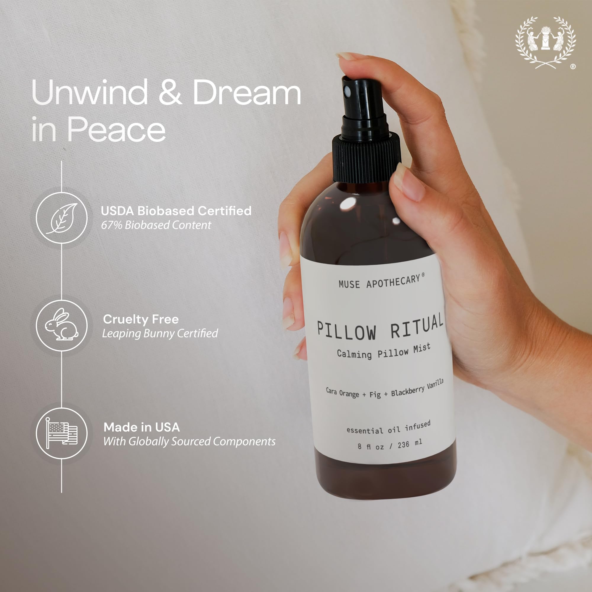 Muse Apothecary etiqueta con certificaciones, seguridad y formulación natural