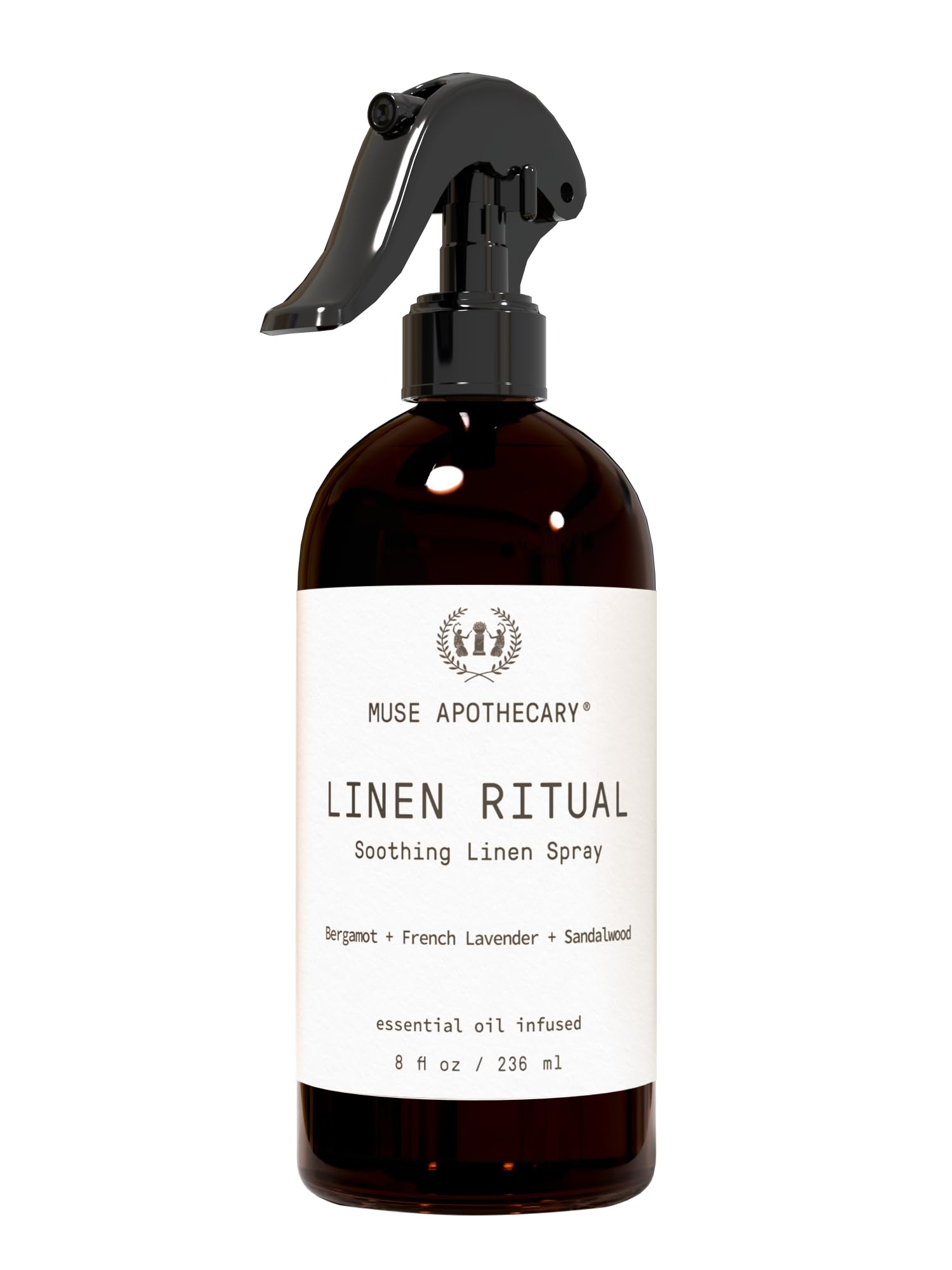 Muse Apothecary botella frontal mostrando diseño y uso relajante