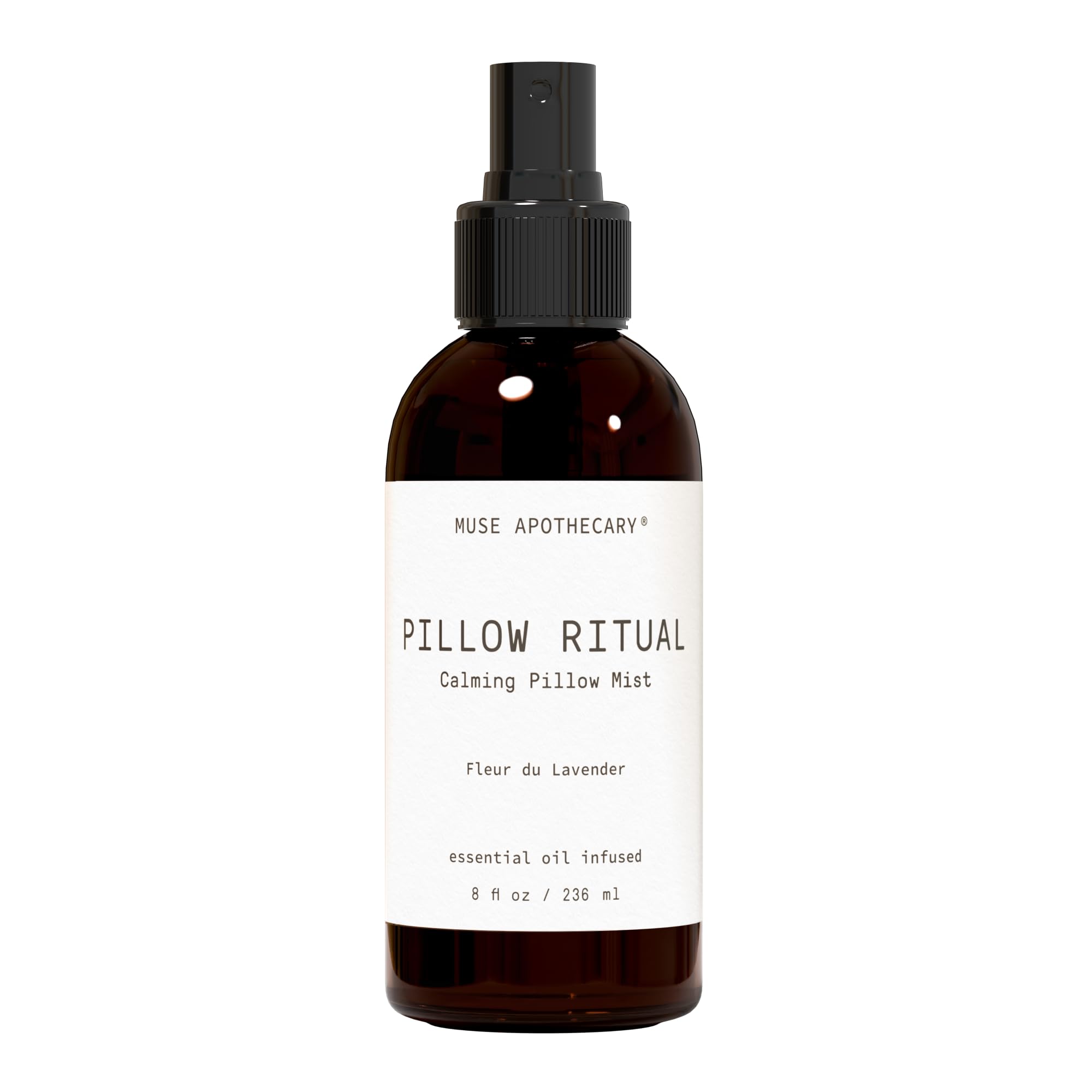 Muse Apothecary frasco frontal mostrando etiqueta elegante y beneficio relajante