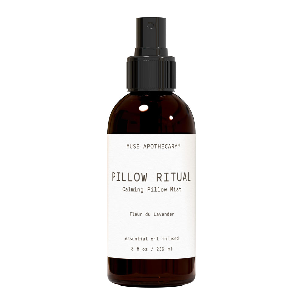 Muse Apothecary frasco frontal mostrando etiqueta elegante y beneficio relajante