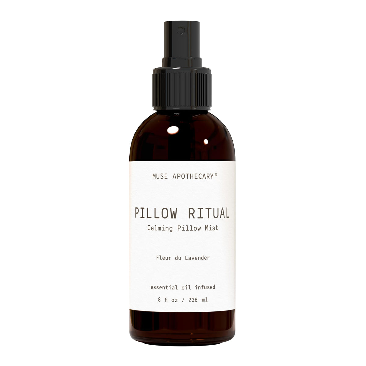 Muse Apothecary frasco frontal mostrando etiqueta elegante y beneficio relajante