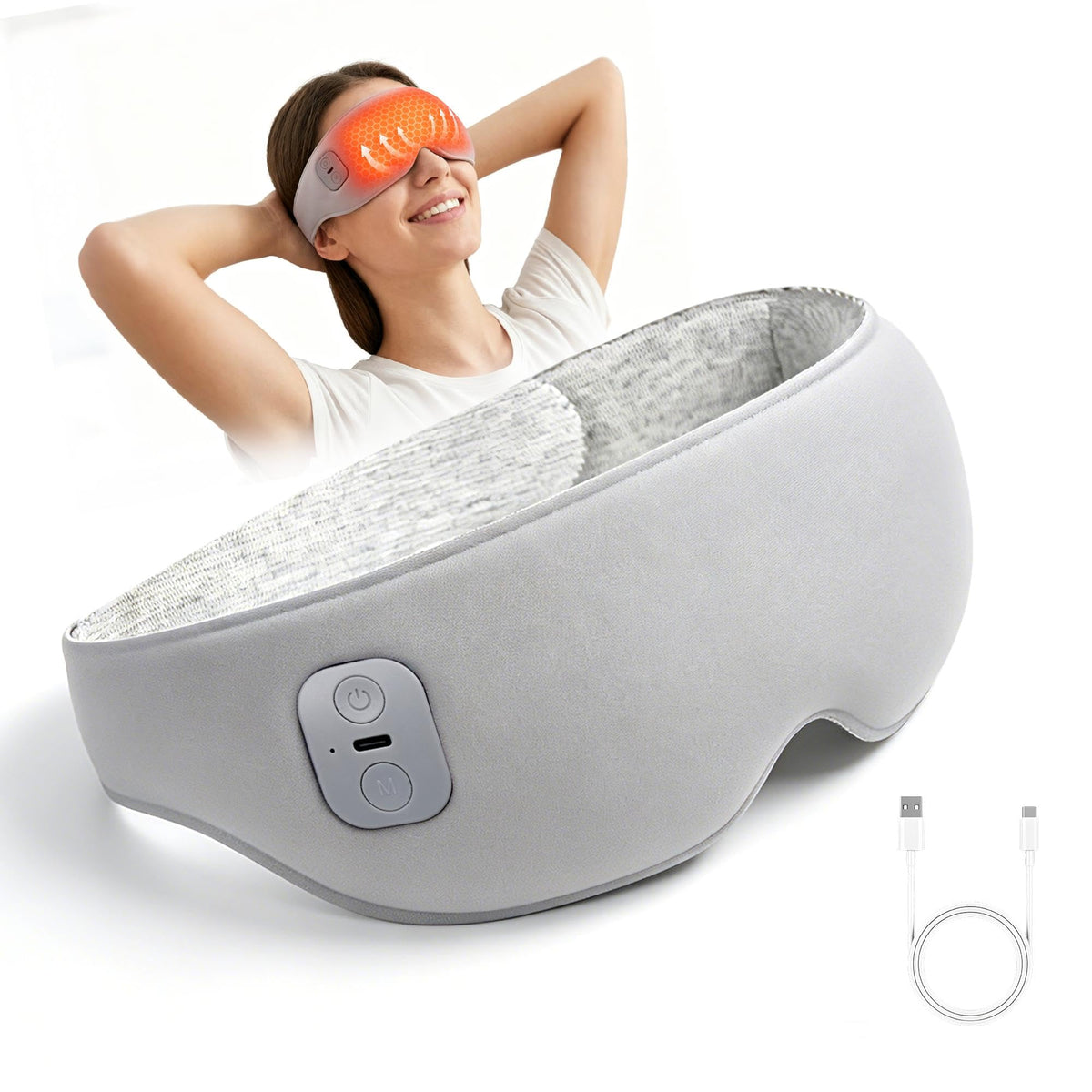 MUSE RELAX máscara frontal gris muestra bloqueo de luz y confort