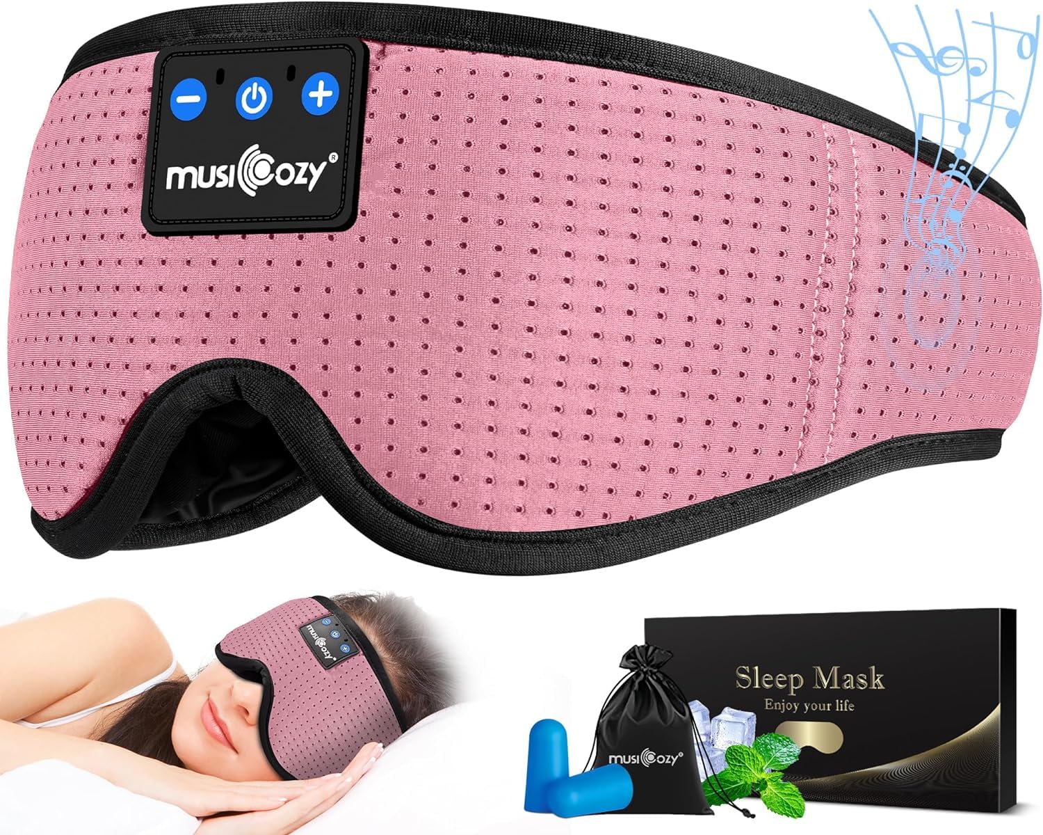 MUSICOZY antifaz frontal mostrando diseño ergonómico y comodidad de uso