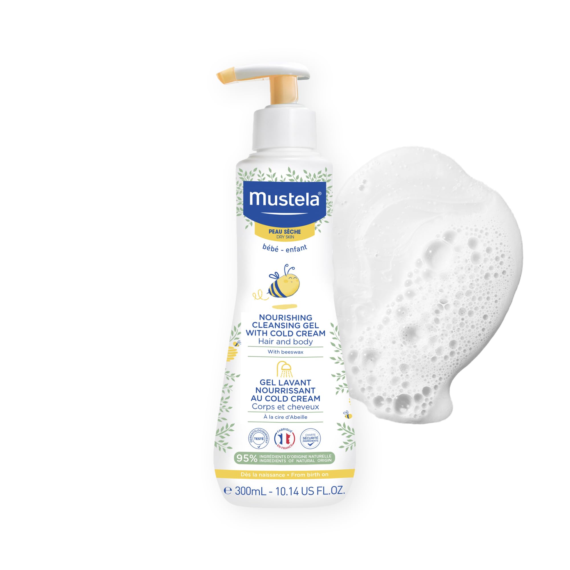 Mustela envase frontal del gel nutritivo para piel seca mostrando diseño y tamaño