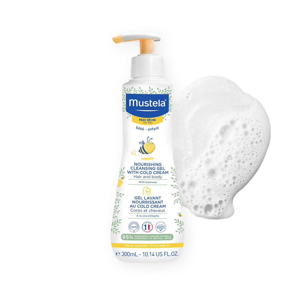 Mustela envase frontal del gel nutritivo para piel seca mostrando diseño y tamaño