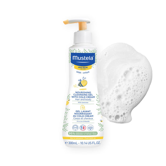 Mustela envase frontal del gel nutritivo para piel seca mostrando diseño y tamaño