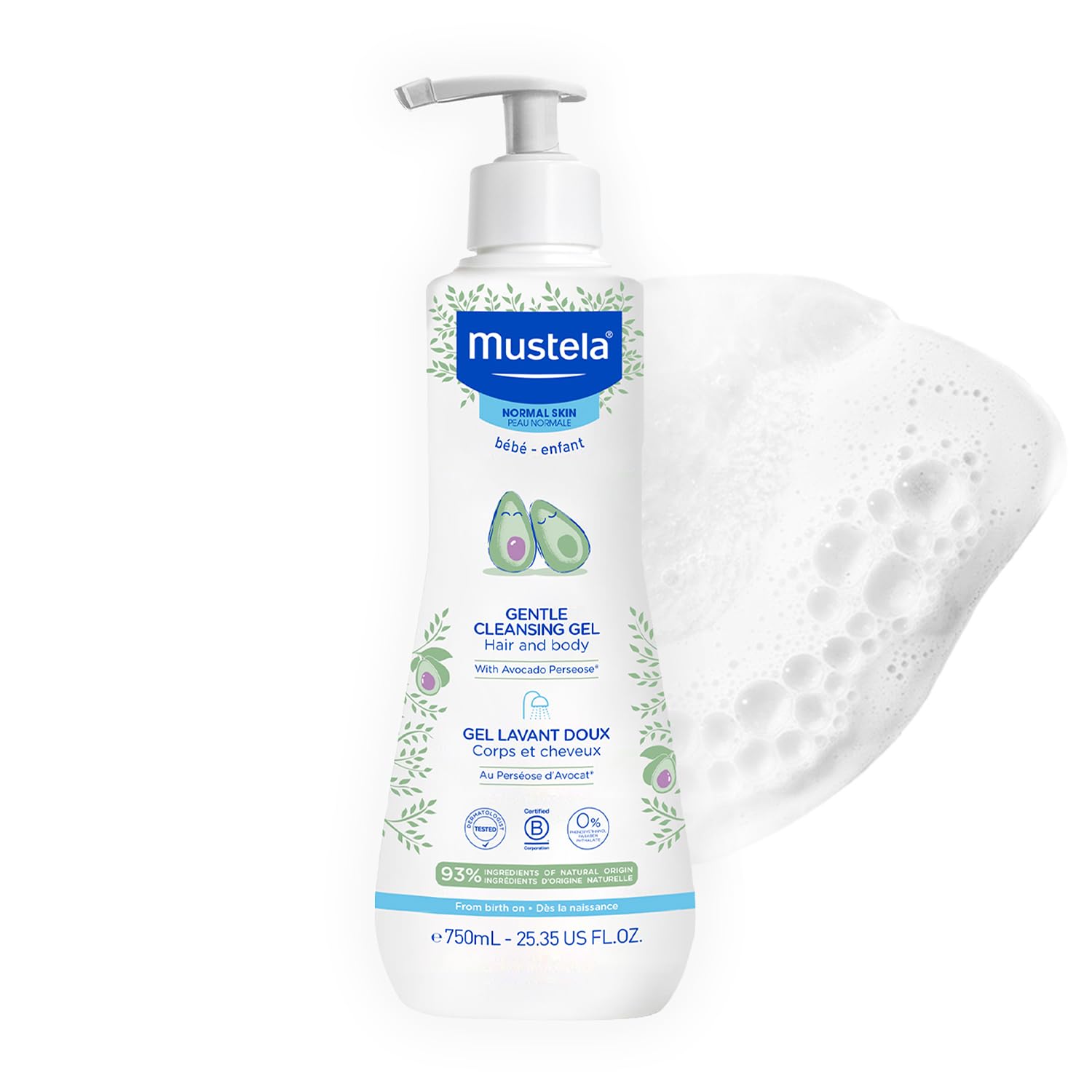 Mustela frente del envase mostrando el gel limpiador y beneficios