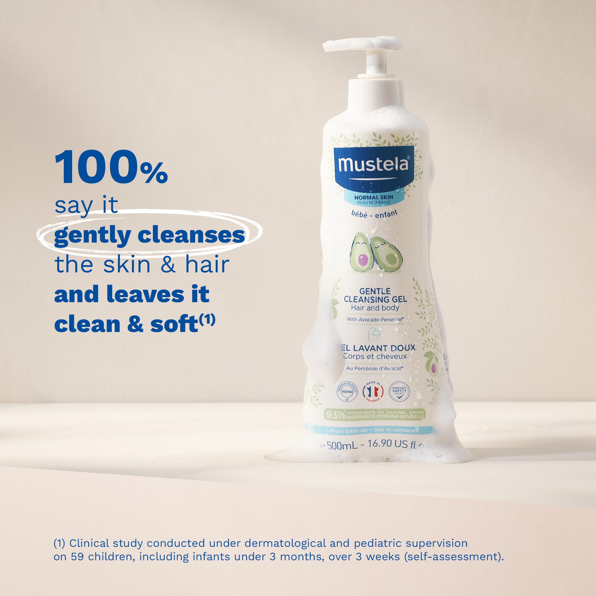 Mustela textura del gel en primer plano, hidratación visible