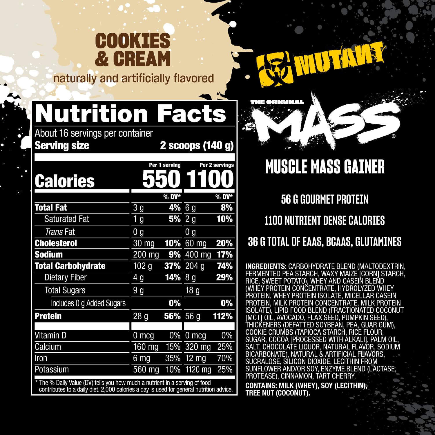 Etiqueta nutricional Mutant Mass destacando 1100 kcal y 56 g proteína
