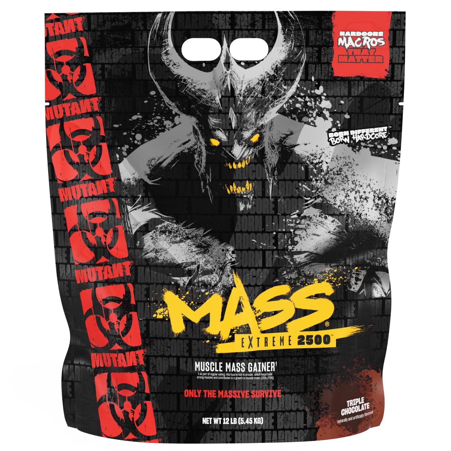 Mutant Mass Extreme envase frontal mostrando diseño y tamaño 12 lb para ganancia