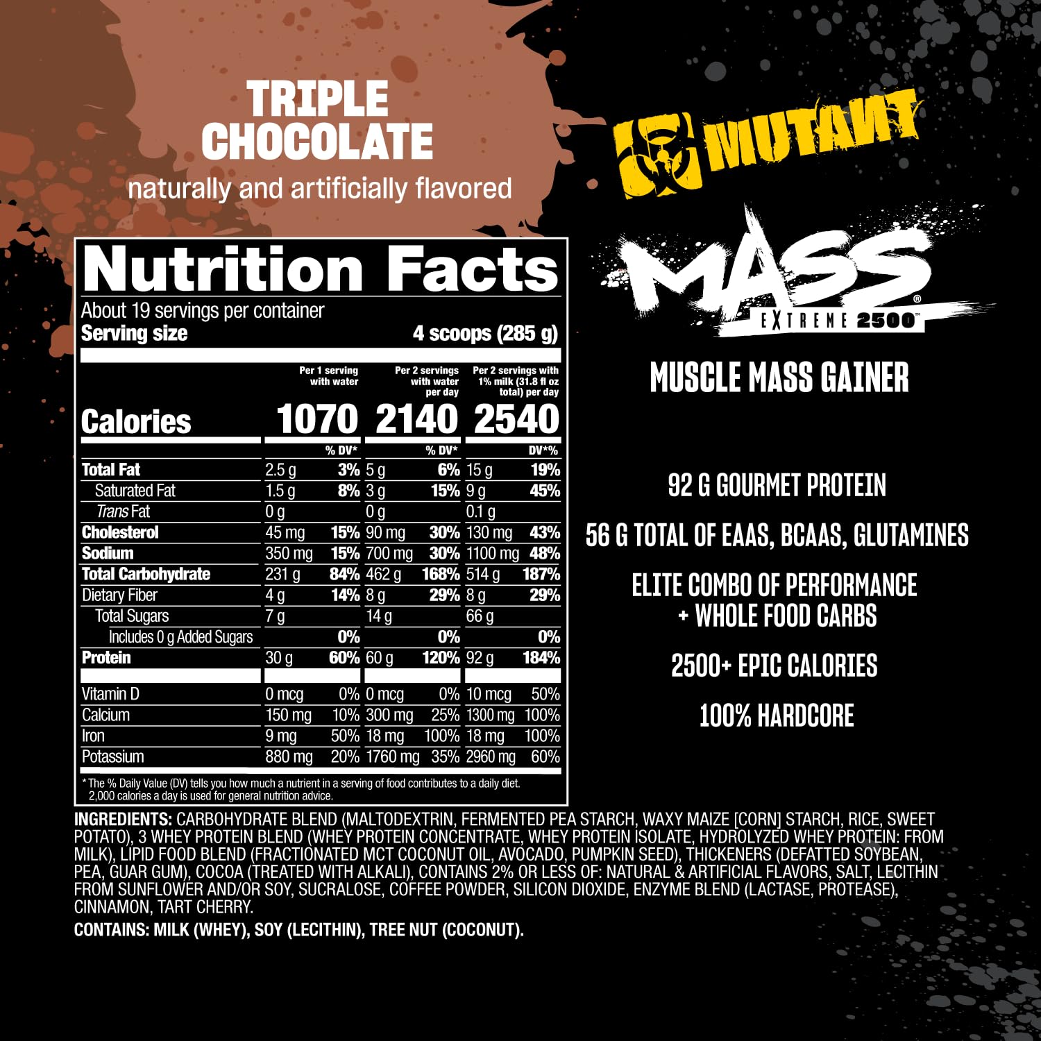 Detalle de la etiqueta nutricional de Mutant Mass Extreme con datos de calorías y macros