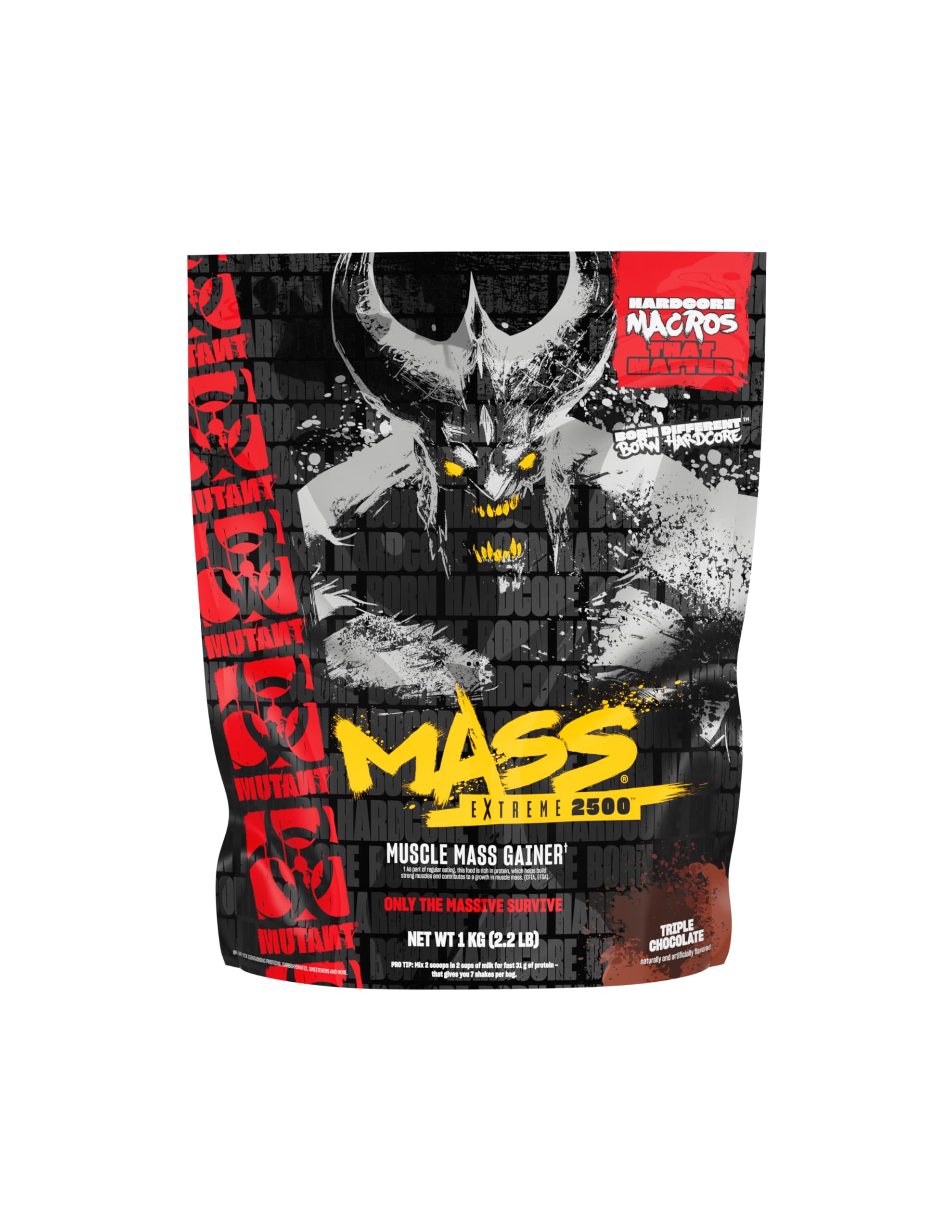 Mutant Mass frente del envase mostrando etiqueta y beneficios nutricionales