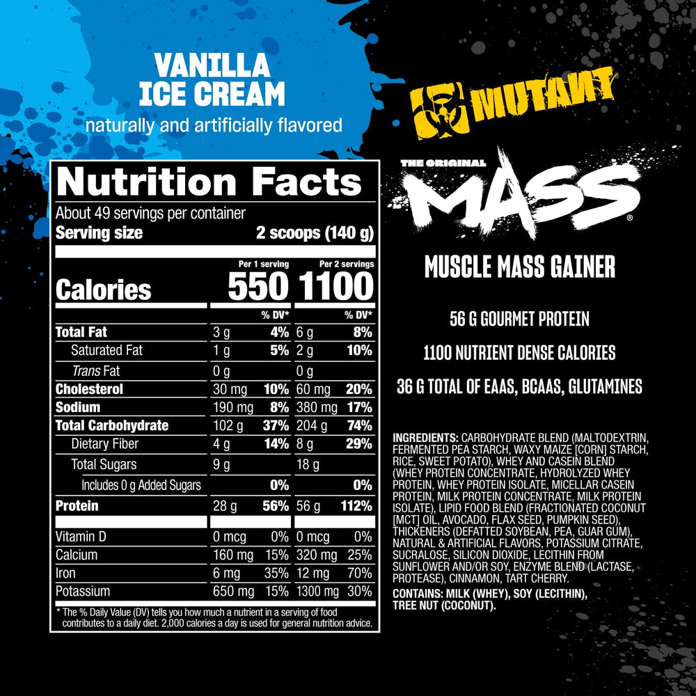 Mutant Mass comparación de tamaño con vaso de leche y cuchara, referencia de porción