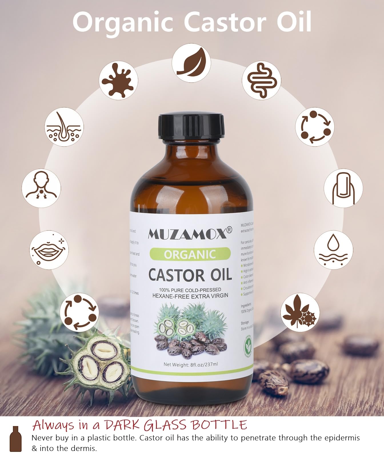 MUZAMOX botella de vidrio ámbar 237 ml, protección del aceite y calidad