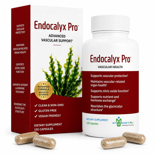 MYBODYRX frasco Endocalyx Pro frente que muestra diseño y beneficios clave
