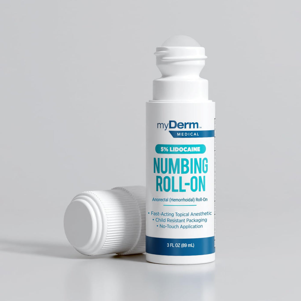 Myderm roll-on frente mostrando etiqueta y tamaño, beneficio facilidad de uso