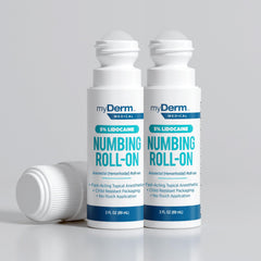 Myderm roll on frontal mostrando envase y beneficio alivio rápido