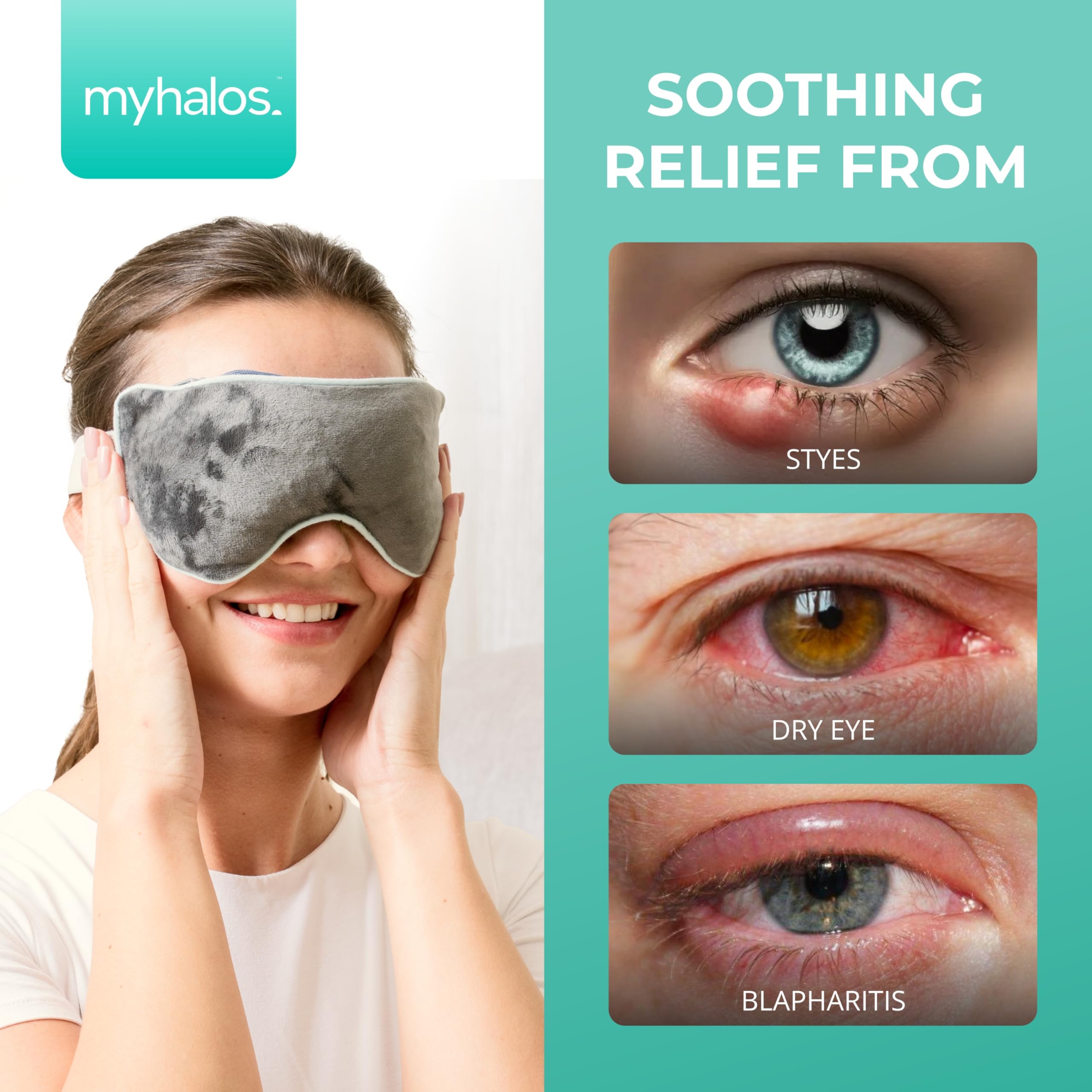 myhalos máscara en uso sobre ojos para alivio y relajación inmediata