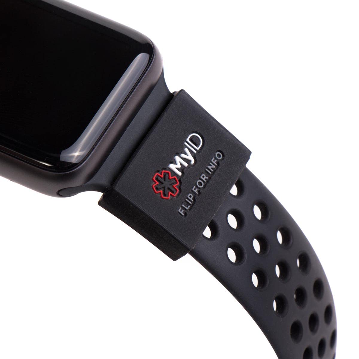 myID funda frontal empaquetada mostrando compatibilidad con relojes y beneficio de identificación inmediata