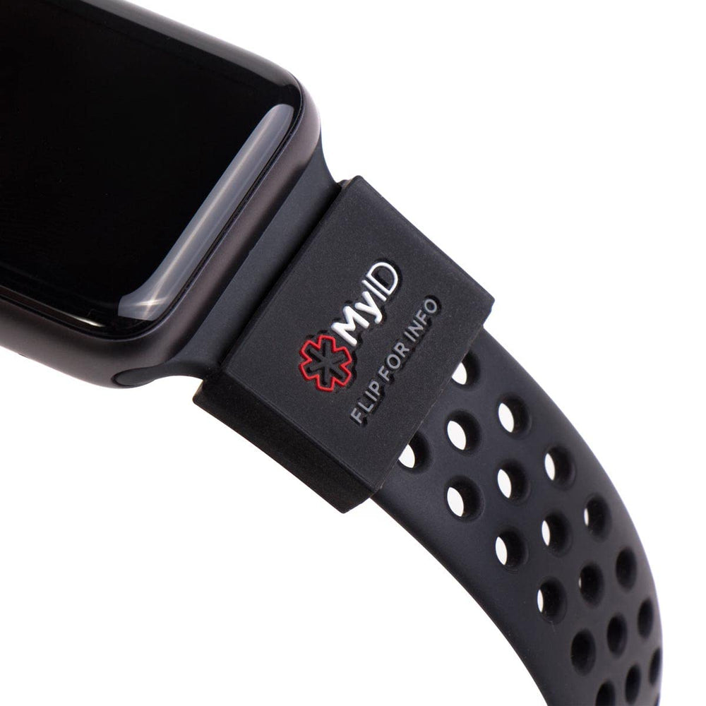 myID funda frontal empaquetada mostrando compatibilidad con relojes y beneficio de identificación inmediata